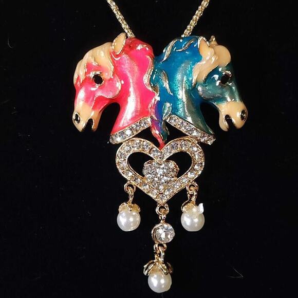 Twin Horse Gemini Betsey Johnson Enamel and Rhinestone Necklace - Picture 4 of 8